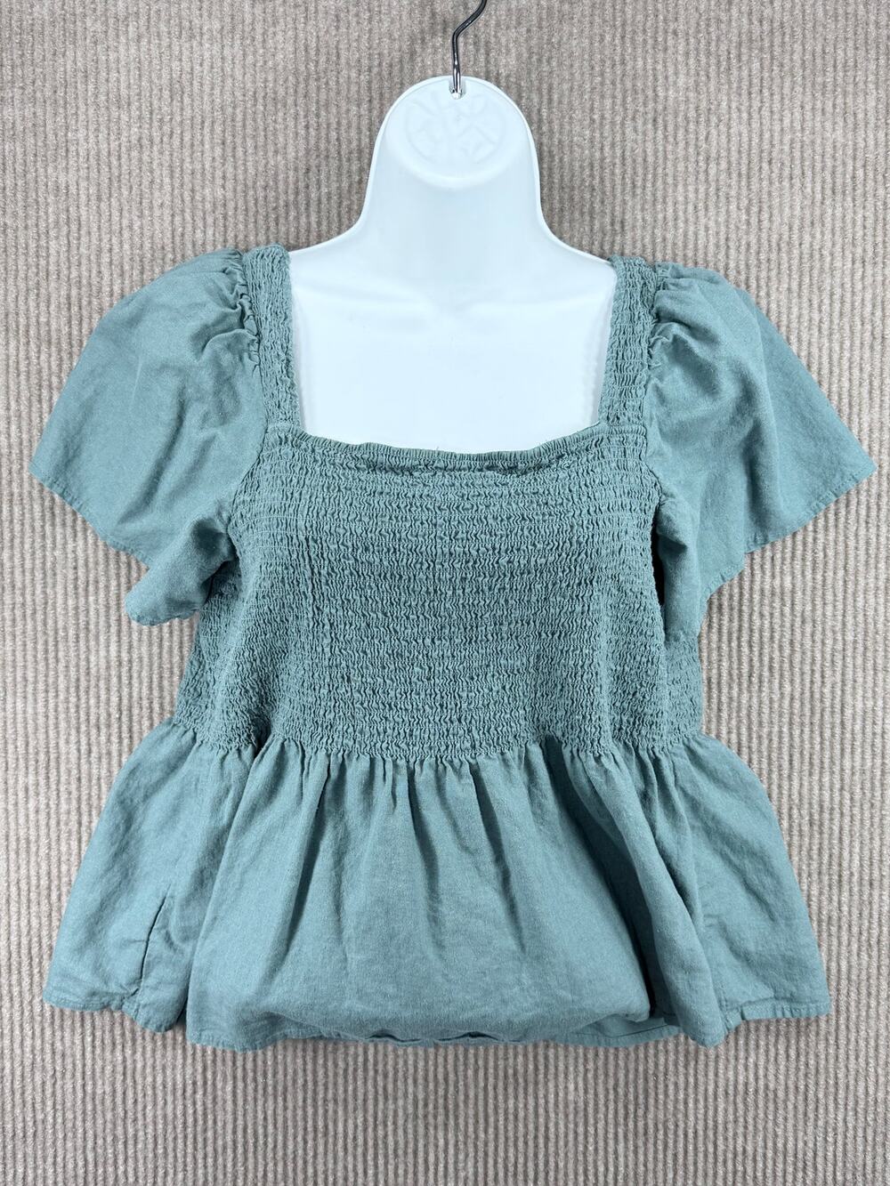 Madewell Lucie Linen Blend Smocked Peplum Top Faded Shale Green Size M